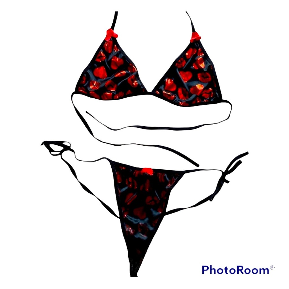 Lingerie Set 2 Piece tie side and Red Heart Prints Very Sexy G-string size med